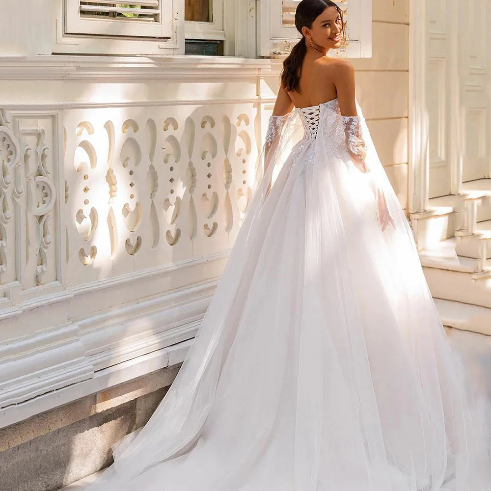 Recatado uma linha vestido de casamento sem alças rendas apliques mangas destacáveis vestido de noiva rendas até voltar personalizado vestido de novia