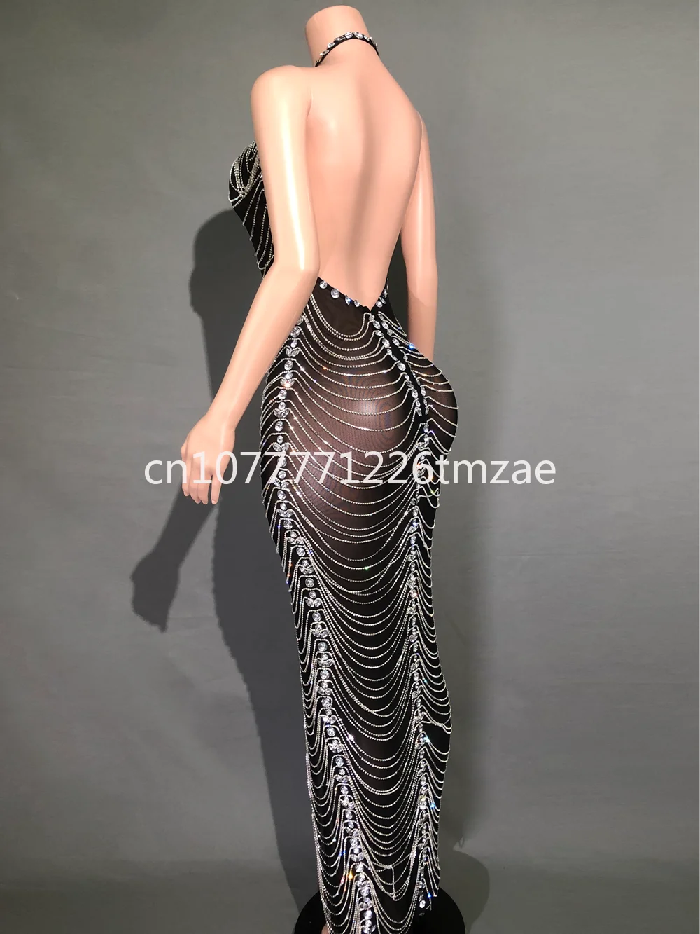 Sexy Evening Celebration Ball Gown Photo Shoot Dress Luxurious Rhinestone Chain Transparent V-neck Backless Maxi Dress