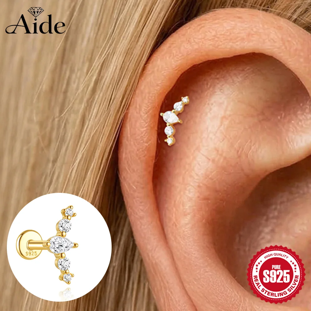 AIDE 925 Sterling Silver Curved WaterDrop Circular CZ For Women 16G Cartilage Helix Flat Back Piercing Hypoallergenic Earrings