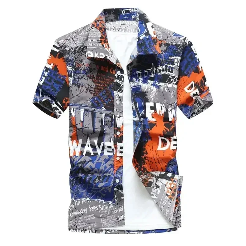 

New Men's Tropical Graffiti Letter Blue and White 3D Printed Shirt Vacation Hawaii Beach Lapel Short-sleeved Breathable Fashion