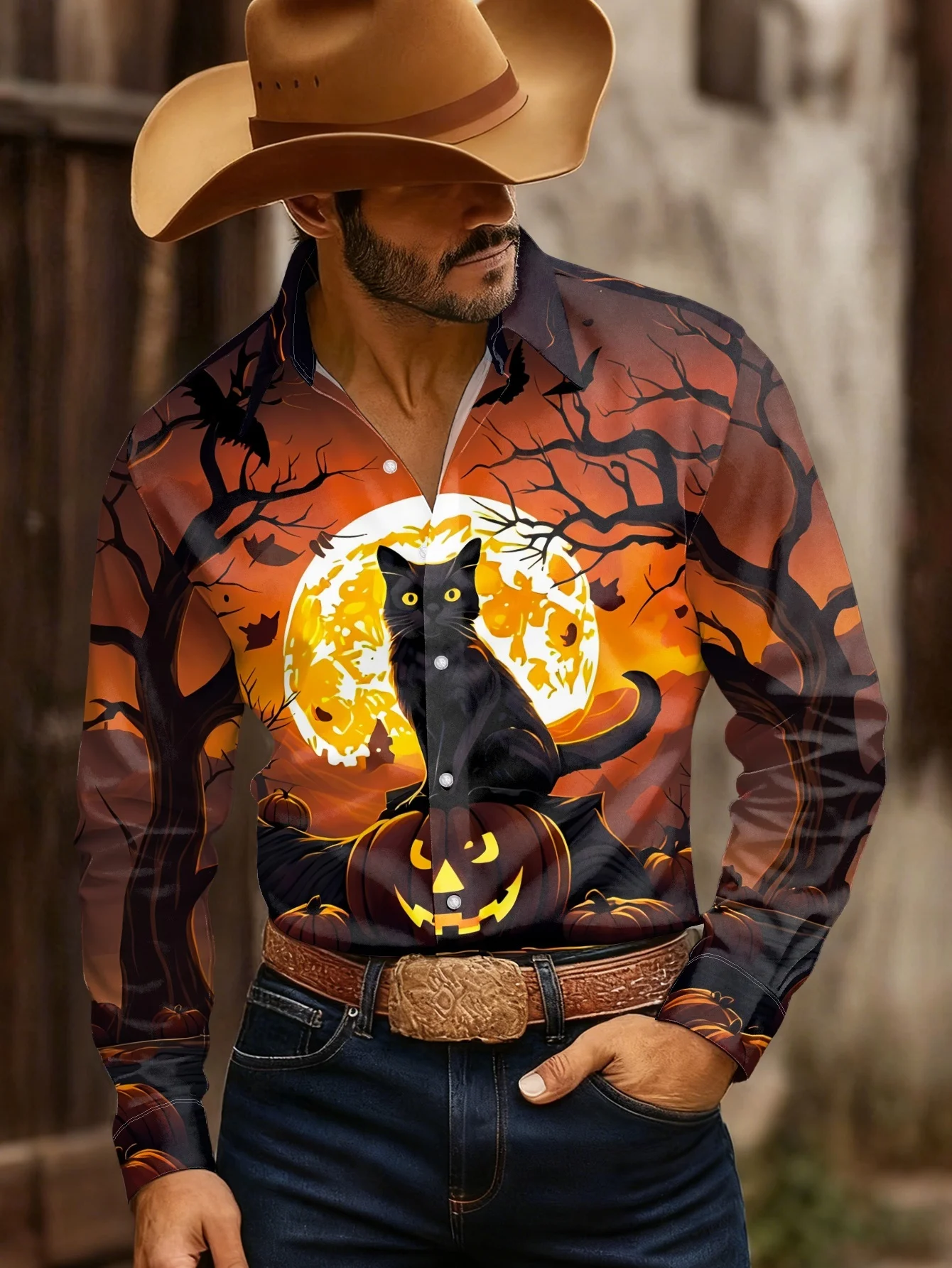 Men Halloween Black Cat Pumpkin Full‑Moon Bat Print Long Sleeve Shirt Lapel Collar Button‑Up Polyester Party Blouse
