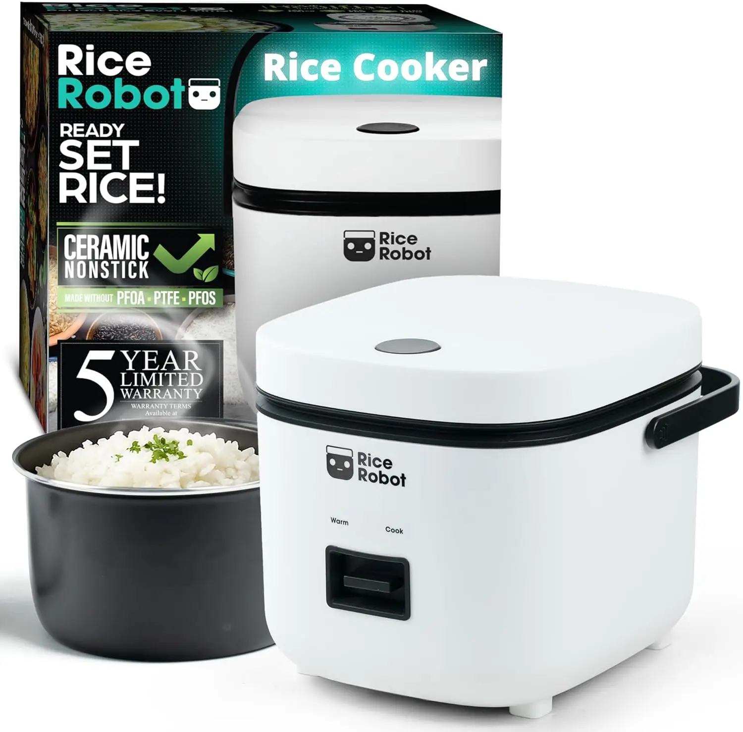 

Rice Robot Personal Rice Cooker, PFAS-free, Nonstick. 1 Quart Capacity, with Stainless Steel Steamer Tray, Measuring Cups