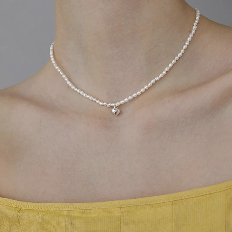 

HI MAN Korean Small Pearl Silver Heart 925 Sterling Silver Pendant Necklace Women Fashion Elegant Birthday Jewelry