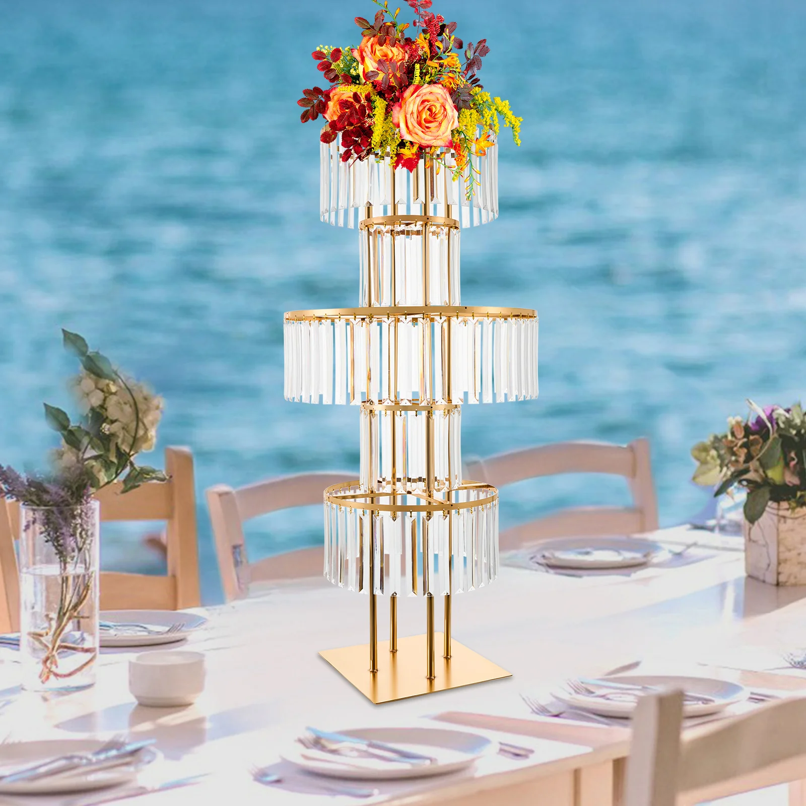 

[Wedding Flower Stand] 5-Tier Acrylic Iron Flower Stand - Gold Electroplated Crystal Decor - Wedding Floor Decoration Sturdy