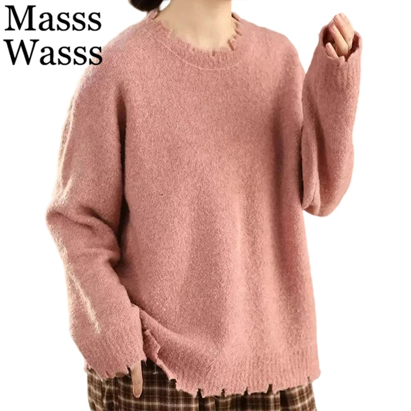 

Mass Wasss 2025, корейский дизайн, зимние однотонные джемперы, женские модные свободные элегантные свитера, женские повседневные винтажные пуловеры с круглым вырезом