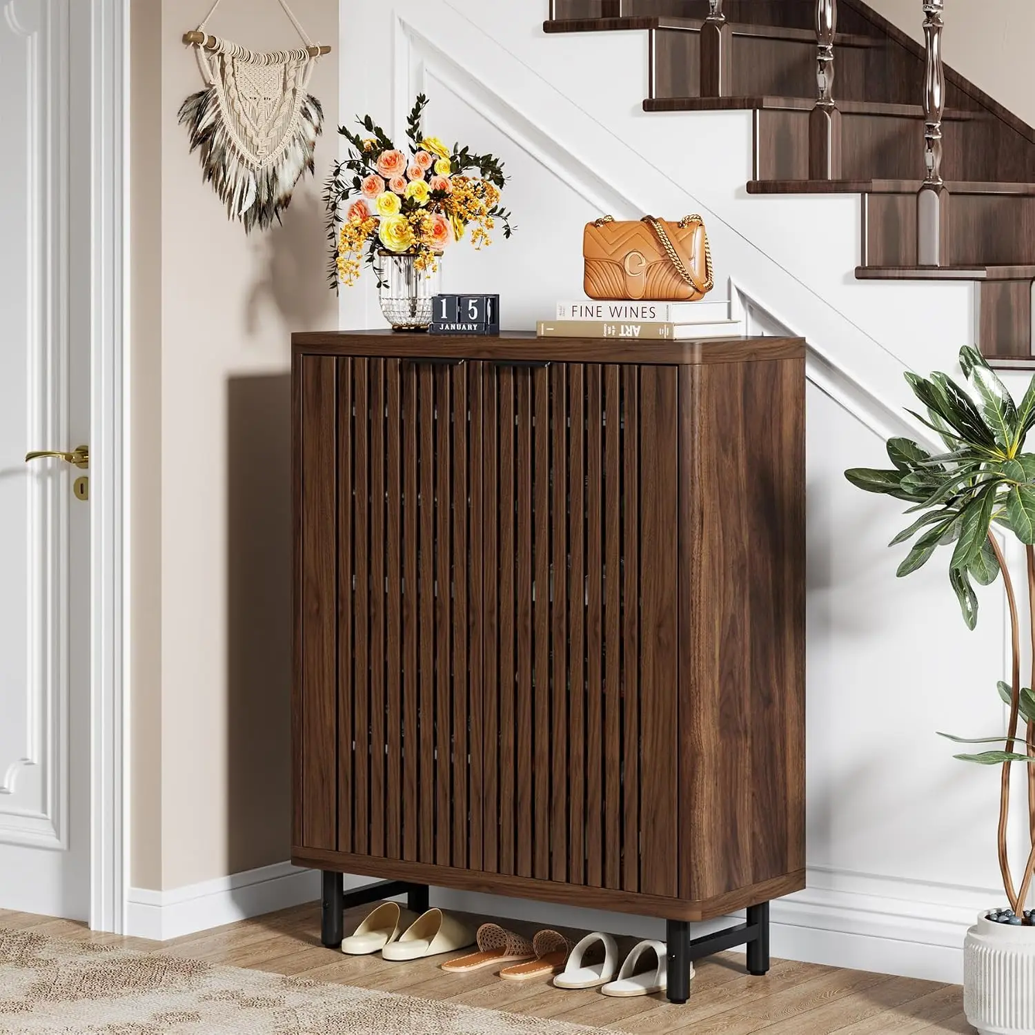 Farmhouse Shoe Cabinet Shutter Doors, 6-Tier Wooden Organizer Adjustable Shelves, Hidden Storage Entryway Hallway, Customized