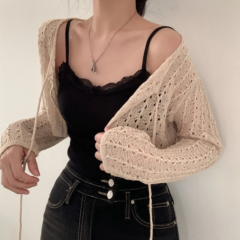 Korean Sle Chic Summer Loose Long Sve round Ne Knitted Sun Protection Top Women's Faion  Knot Hollow out
