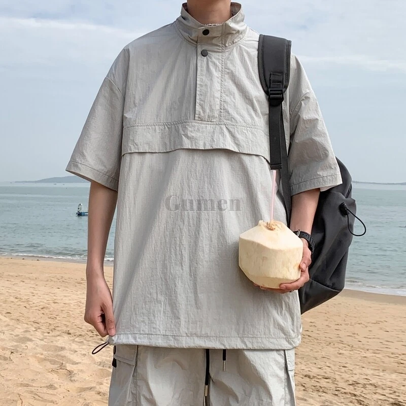 M/L/XL/2XL/3XL Stand Collar Shirts Men's Solid Color Short Sleeved T Shirt Summer Light Breathable Outdoors Men Casual Tops