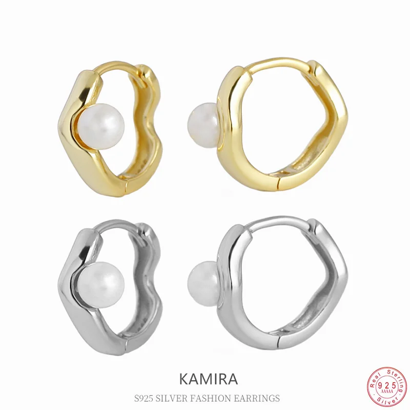 KAMIRA Real 925 Sterling Silver Gentle Wave Pearl Hug Hoop Earrings for Women Party Banquet Elegant Simple Fashion Jewelry Gifts