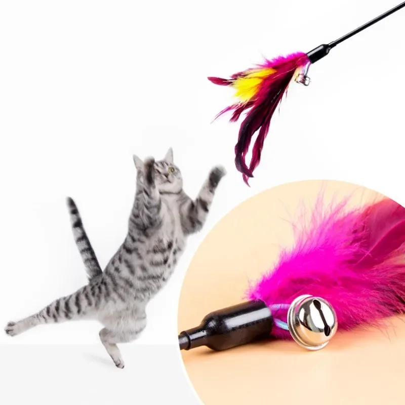 Cat Toy Feather Toys for Cats Stick Long Handle Cats Toys with Bell Feather Sticks Interactive Cat Toy Pet Teaser Pet Supplies