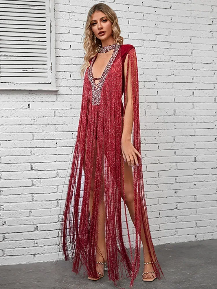 Sexy O-neck Sleeveless Tassel Bandage Jumpsuit Women Hollow Out Patchwork Tassel Without Pants Bodysuits Celebrity Party Outfuts