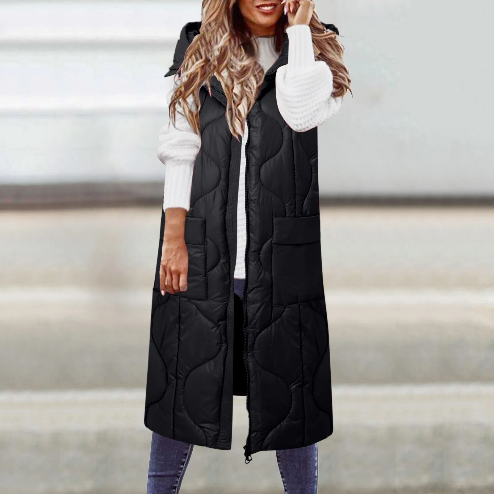 Women Plus Size Long Hooded Vest Women's Jacket Cotton Down Quilted Coat Winter Puffer Sleeveless Jacket Female Warm Waistcoat