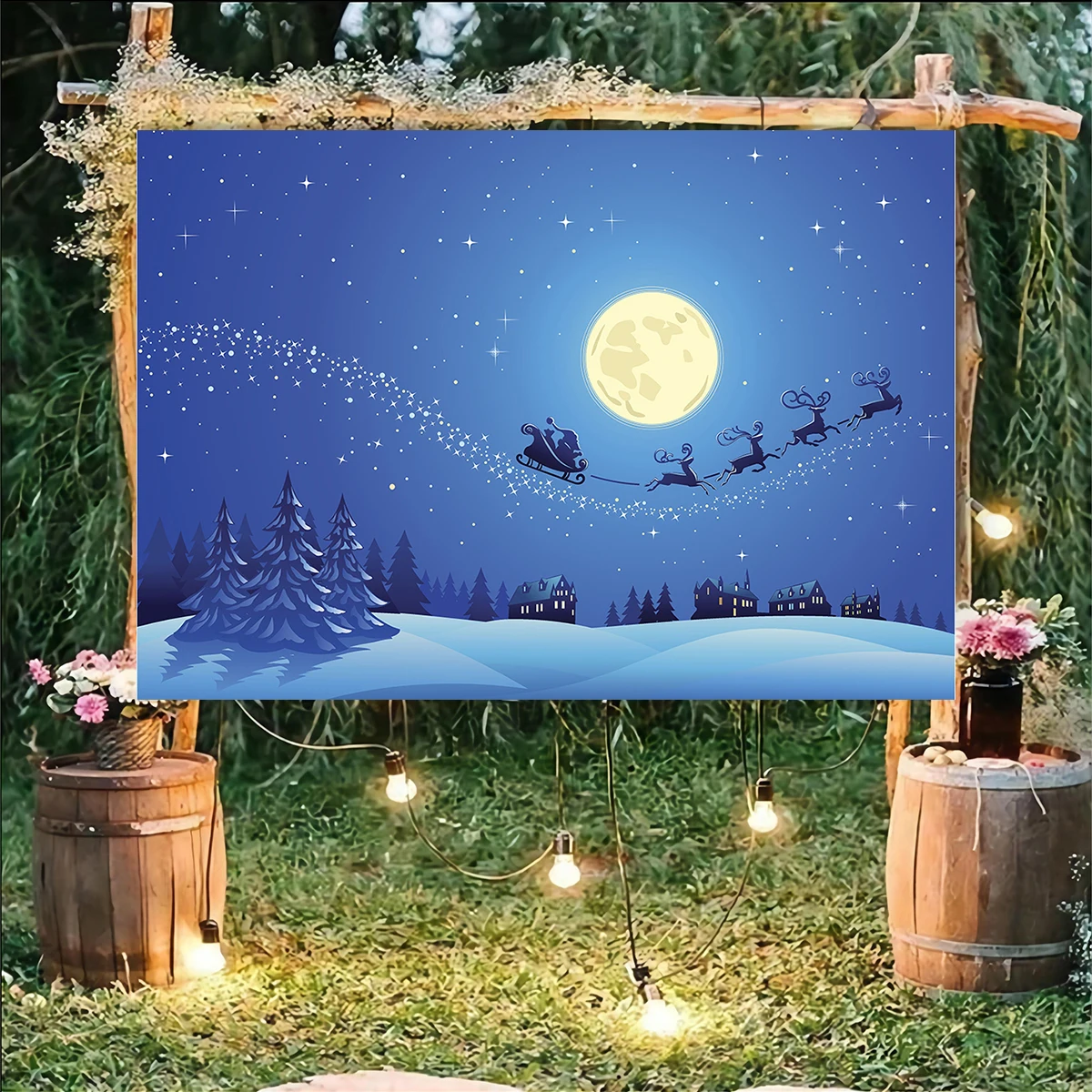 

Winter Christmas Reindeer Moon Backdrop Photography Merry Xmas Village Santa Claus Background Party Banner Festival Decorations