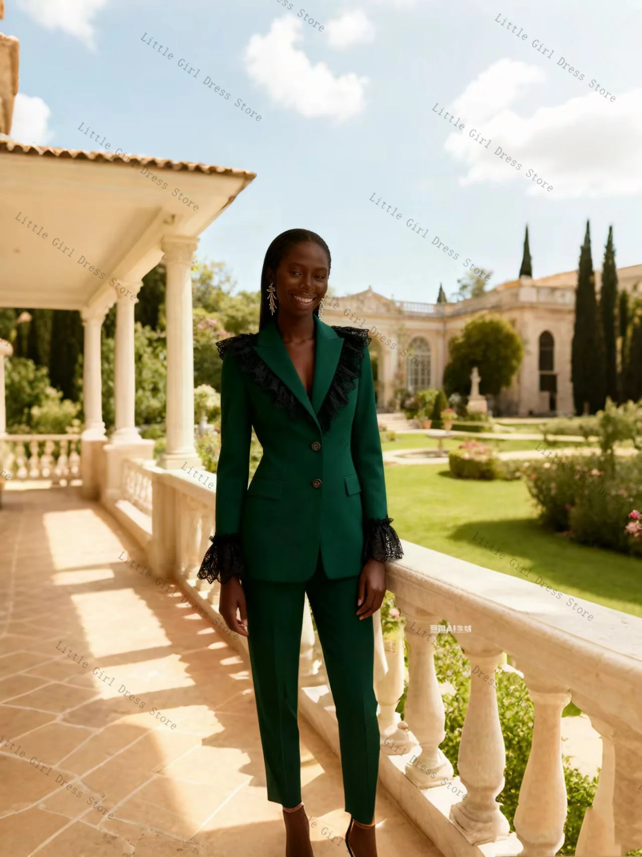 

Зеленый костюм из кружева для женщин, комплект из 2 предметов: пиджак и брюки, хлопок, формальный офисный стиль, для выпускного вечера, свадьбы, невесты, на заказ