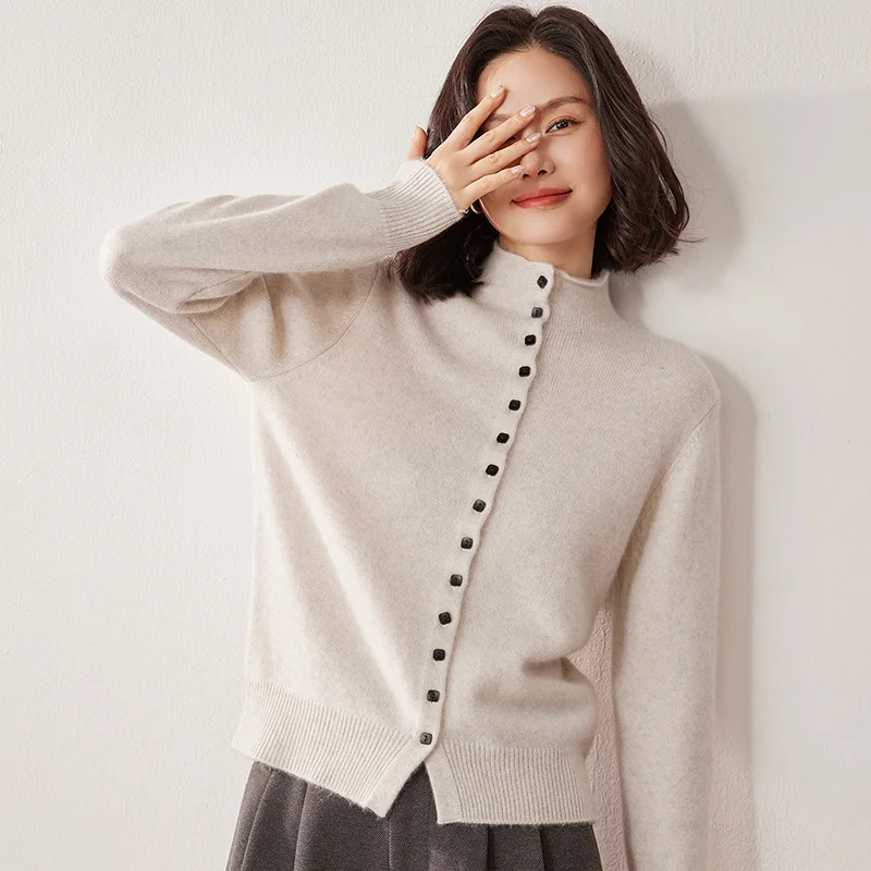 High-end Women 100% Cashmere Sweater Mock-neck Knitting Cardigan Cashmere Knitwear Coat Spring Autumn Winter Grace Knitwear Tops