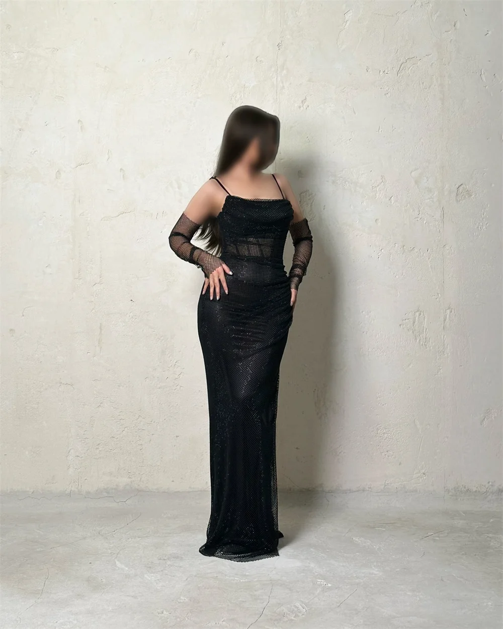 여성용 컨테사 커스텀 스파클리 메쉬 시스루 이브닝 드레스, 슬리브리스 스파게티 스트랩 맥시 가운, 파티용 장갑 포함