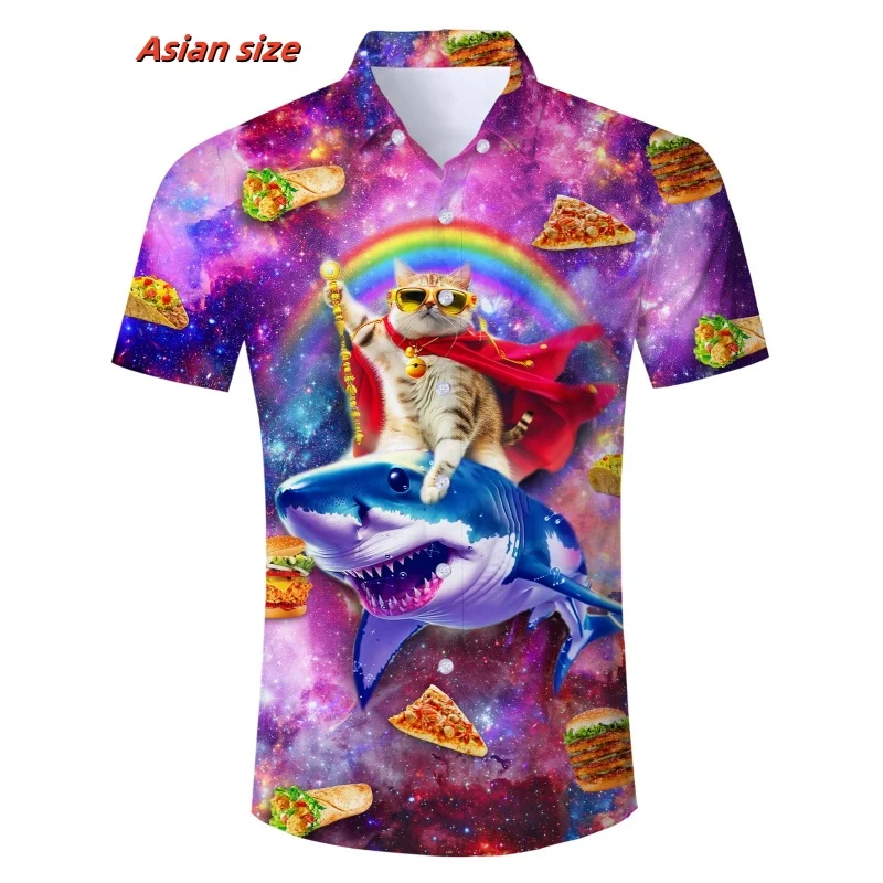 Hamburger pizza Graphic Beach Shirt For Men Colorful Cat Planet 3D Printed Hawaiian Shirts Summer Loose Short Sleeve Blouses