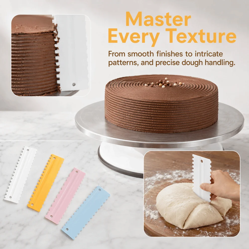 4Pcs PP Cake Scraper Set 8 Inch Sawtooth Edge Cake Decorating Comb Multi-Style Pattern Hanging Hook Design Mousse Cake Tool