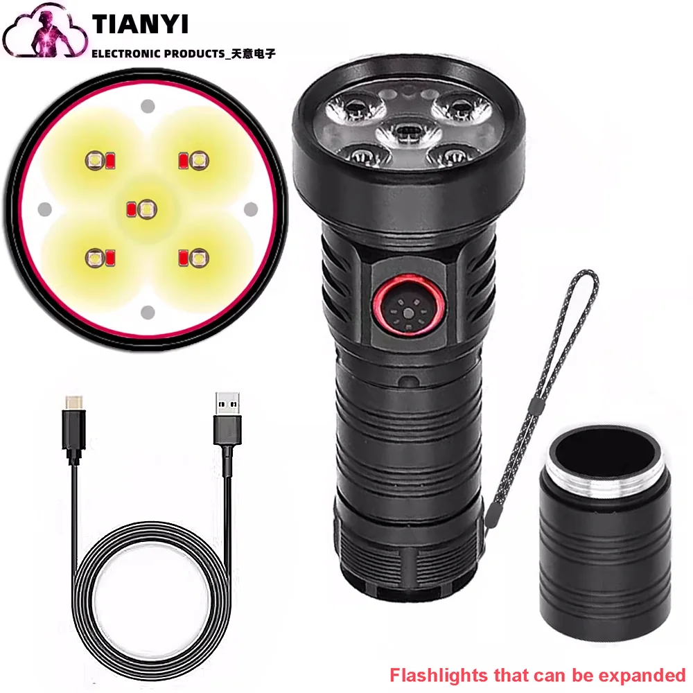 

Waterproof Small Strong Light Flashlight 5 Lights Super Bright T40 LED Mini Flashlight Type-C Rechargeable Aluminum Alloy