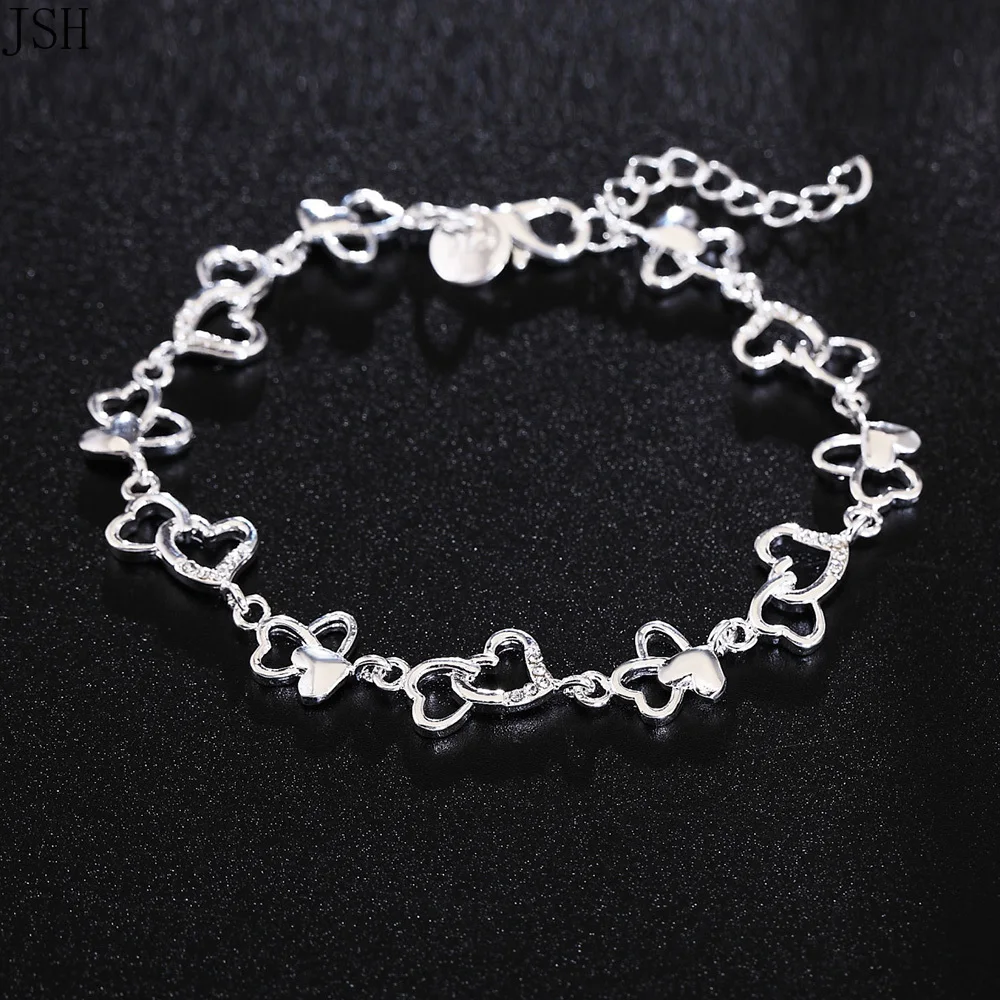 Beautiful 925 sterling silver bracelet gorgeous women HEART lovely Crystal chain fashion Wedding Party cute lady jewelry