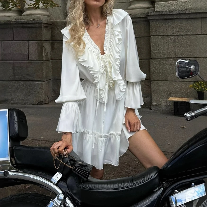 

Mid Length Dress Women Dresses A Line Vestidos Streetwear V Neck Flare Sleeve Ruffles Elegant Splice Y2k Work Party Club 2025