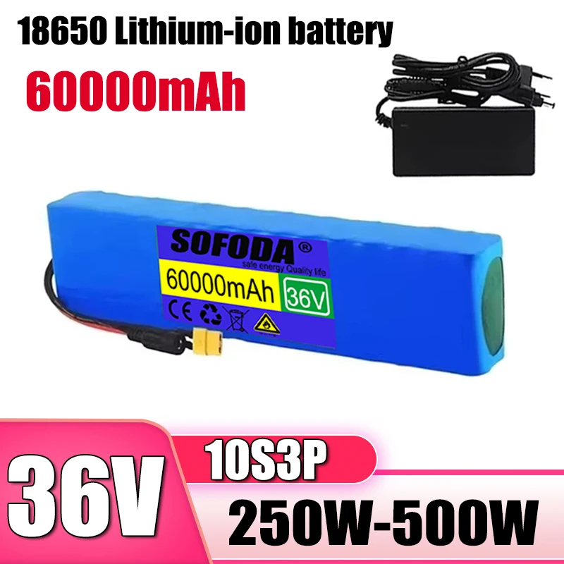 36V 60Ah lithium-ion battery 10S3P battery pack with built-in 15A BMS, 250W-500W battery+42V 2a charger