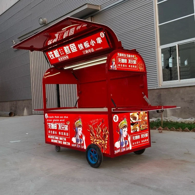 Stainless Steel Street Vendor Cart with 4-Wheel and 2 Shelves for Chicken Claw & Ice Powder Display Outdoor Takeout Sales Cart
