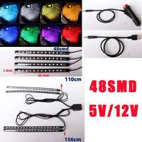 1Set 5V/12V Car Interior LED Atmosphere Lights RGB 48 Color Bluetooth App Control + Remote for Cars Van SUV Decoration Lamp