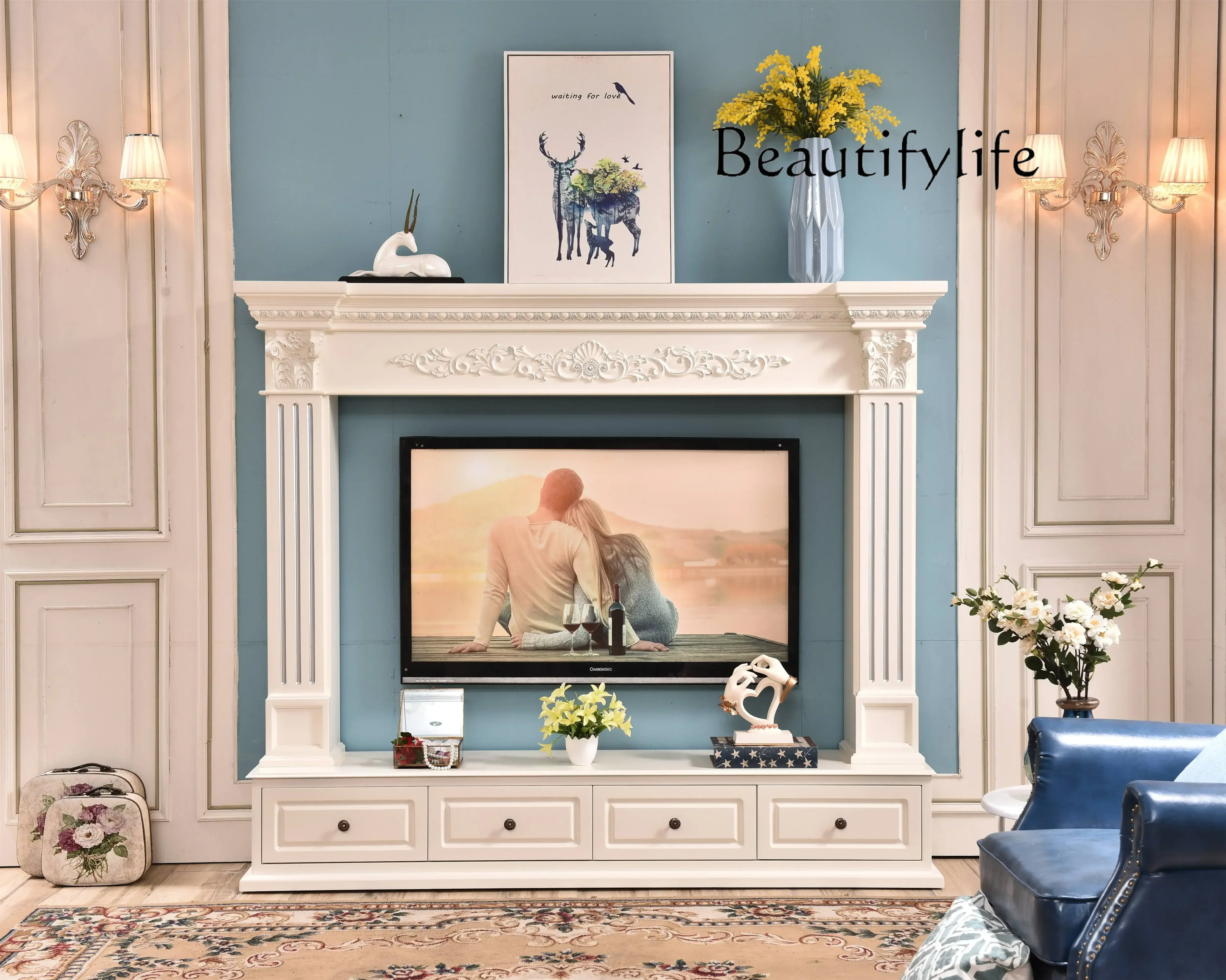 AC TV fireplace cabinet European background decoration American retro TV cabinet living room engraved background wall