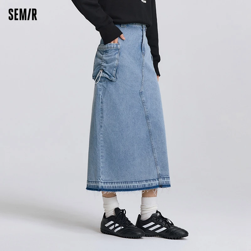 Semir Denim Rok Vrouwen 2025, Nieuwe Lente Omzoomd Lange Rok Werkkleding Stijl Trekkoord Spleet Rechte Buis Rok Vintage