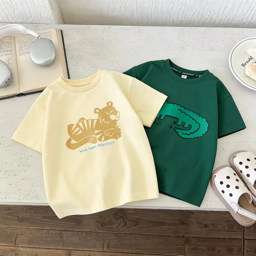 Children Animal Print Short Sleeve T Shirt Tiger Crocodile Dog Cat Print Tees Boys Girls Wear Baby Cotton Wear Popular Clothing