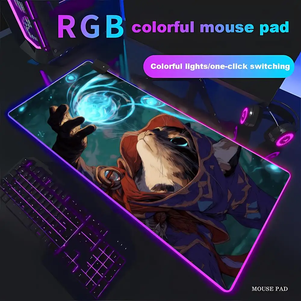 

HYBXAXC Mythical Cat Sorcerer Mouse Pad- MTG Animation Games Beautiful RGB HD Gamer Large LED Light XXL PC Computer pad Decor