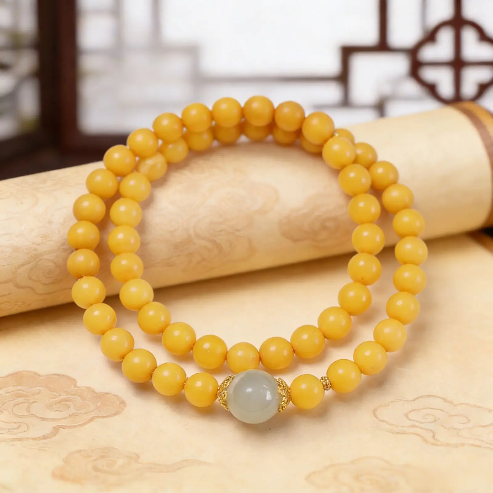 Natural Beeswax Bracelet Amber Chicken Oil Yellow S925 Silver Plated Hetian Jade Lucky Bead Bracelet for Women Gifts