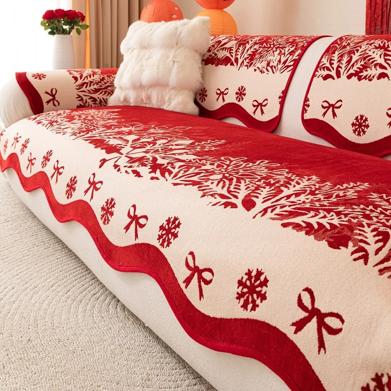

Red Chenille Sofa Cushion Suitable for All Seasons Comfortable Skin Friendly Anti Slip Christmas Decorative Sofa Cover Cloth