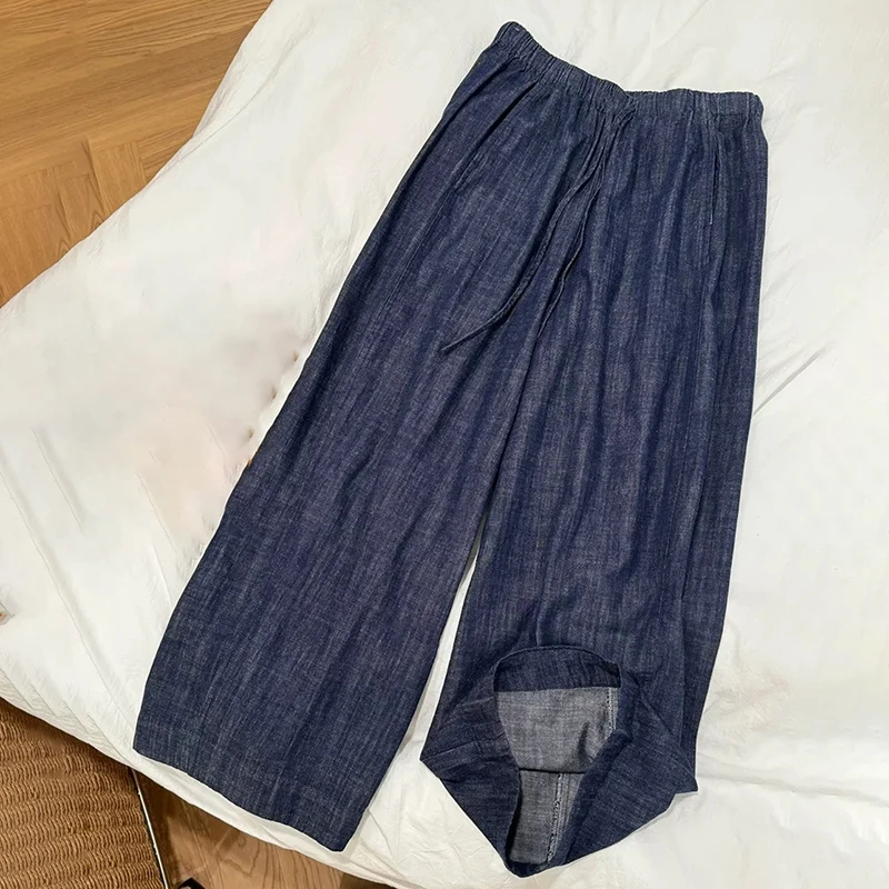 S-3xl Retro Blue Denim กางเกงผู้หญิงฤดูร้อน Drawstring ยืดหยุ่นเอวตรงกางเกงเลดี้สบายๆบางกางเกงยีนส์ขากว้าง
