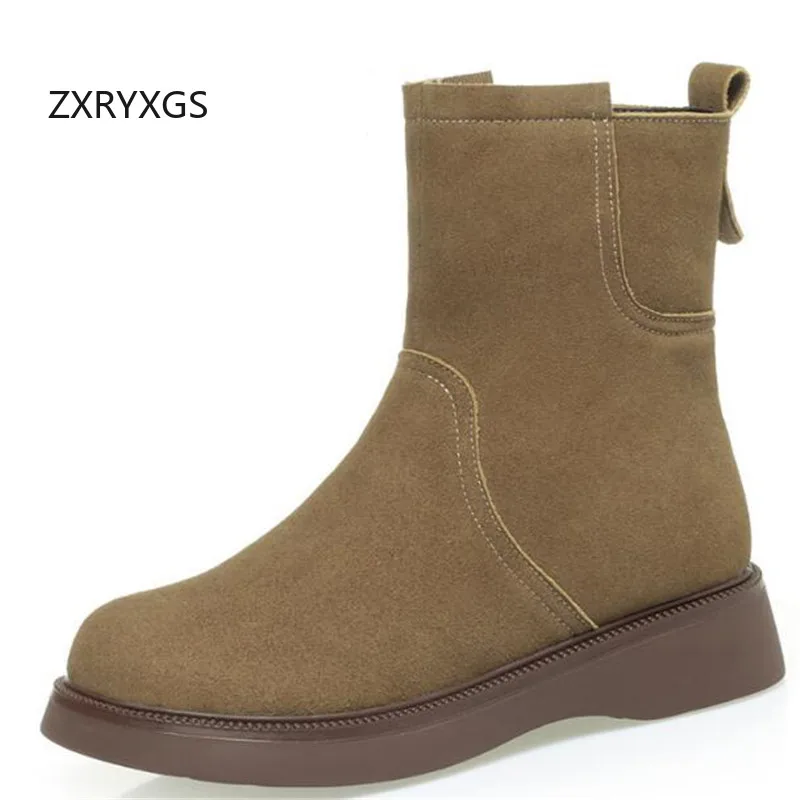 ZXRYXGS Premium Cowhide in-tube Women Boots New 2024 Winter Warm Plush Wool Snow Boots Flat Non-slip Motorcycle Boots Large Size