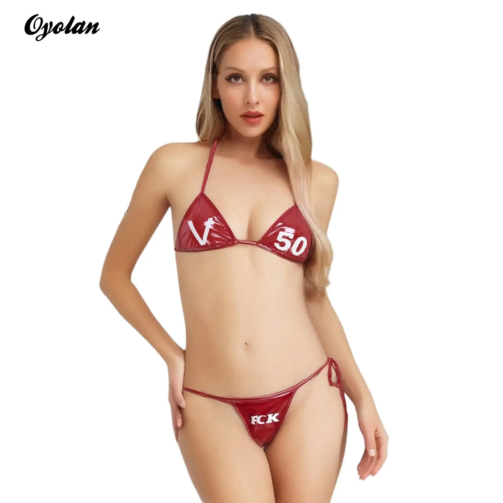 

Womens Anime Style Glossy Bikini Swimwear Halter Lace-up Mini Bra Tops with Thong Swimming Bathing Suit Lingerie Swimsuit Set