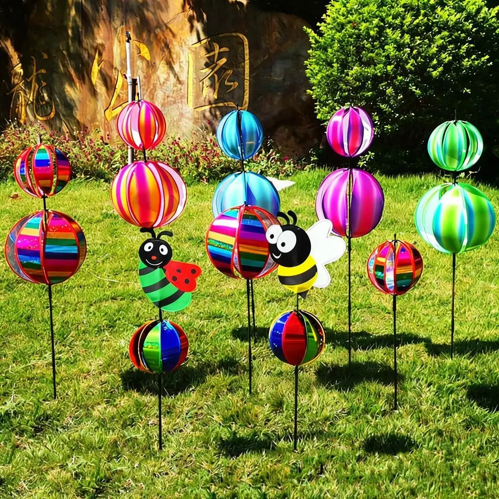 Sparkling Stripe Reflective Garden Pinwheels Colorful Film With Stakes Bird Repellents Rotating Ball Rainbow Color