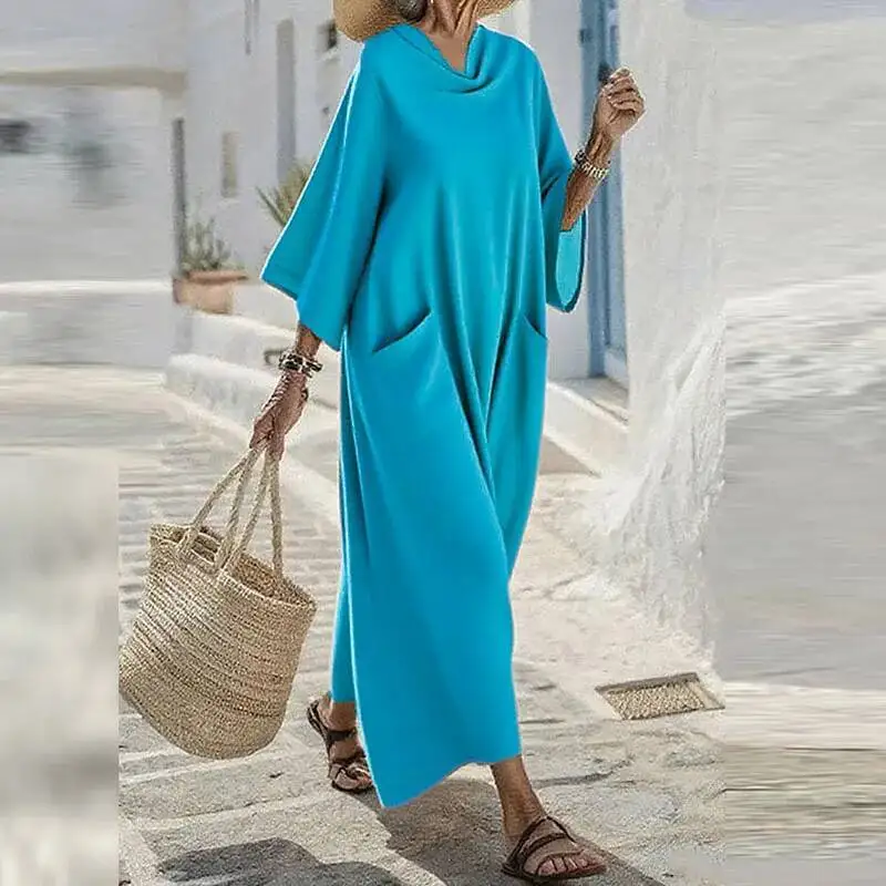 مثير س الرقبة كم الصلبة المرأة أنيقة عالية الخصر الساتان فضفاض فستان الحفلات ربيع الخريف موضة ثنيات فساتين طويلة