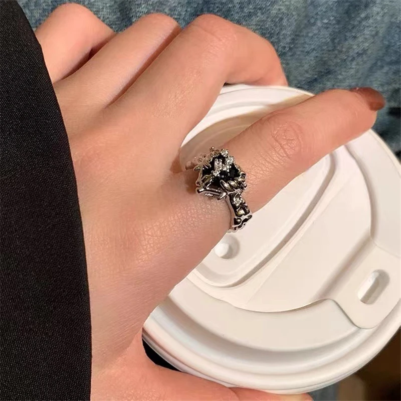 Punk Harajuku Goth Thorns Black Silver Color Irregular Heart Cross Open Ring For Women Men Lover Vintage 90s Y2K Grunge Jewely