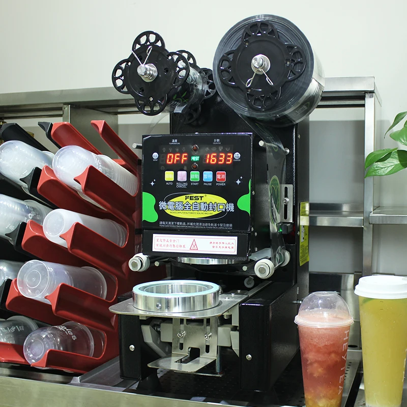 FEST Commercial Paper Plastic Container Sealer Full Automatic Bubble Milk Tea Boba Cup Sealing Machine