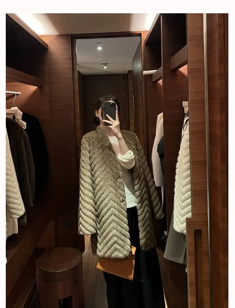 Faux Fur Elegant Coats Womens Raglan Knee Length Vacation Woman Korean Style Slim Cinched Waist Furs Minimalist White Bar Turn