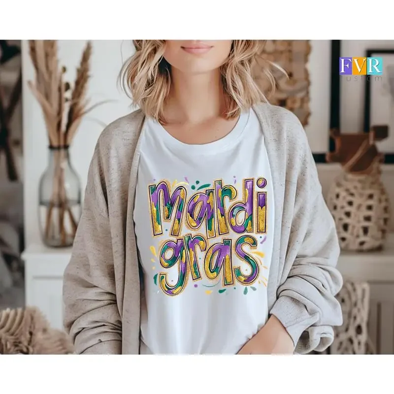 Mardi Gras 2025 T Shirt Bold Glitter Letter New Orleans Colorful Louisiana Pride
