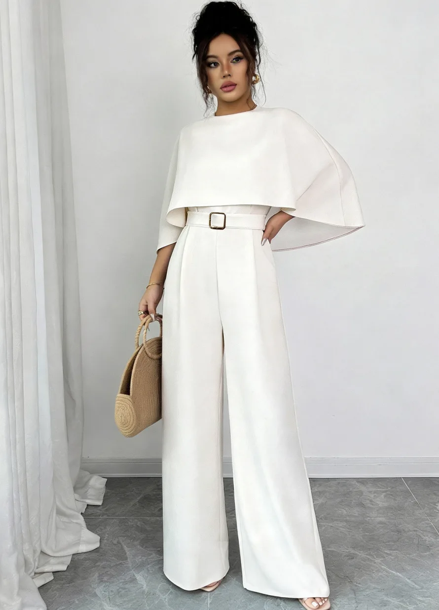 New Elegant And Stylish Women's Jumpsuit With A Round Neck, Shawl, Metal Buckle Belt, Waist-cinching And Slimming Effect, Casual