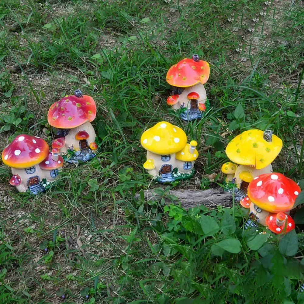 Resin Mushroom Room Small Ornaments Cartoon Handicraft Mushroom Sculptures Funny Waterproof Garden Statue Bedroom