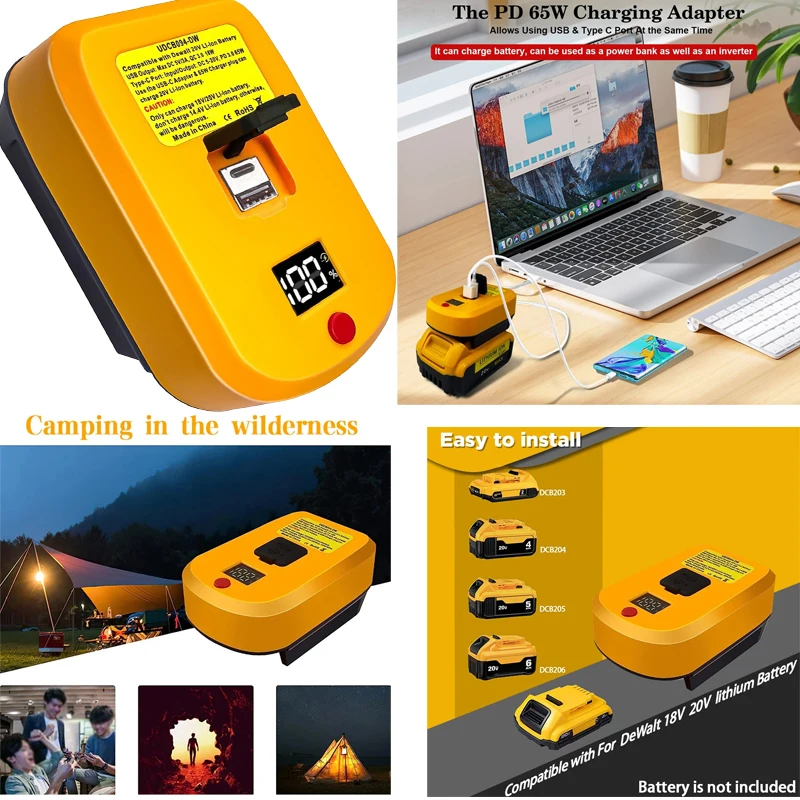 60W Portable Charger Battery Adapter Rapid Charger for Dewalt 18V 20V 60V Batteries with USB Type-C Port Works As An Inverter