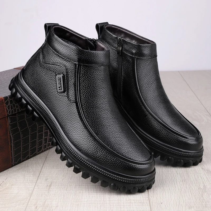 Plus Big Size 49 50 51 Genuine Leather Mens Boots With Zippers Warm Snow Boots Original Cow Leather \