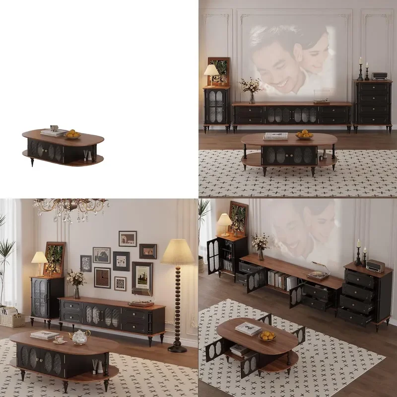 French Medieval Solid Wood TV Cabinet American Style Living Room Coffee Table Small Apartment Combination Floor Storage Unit