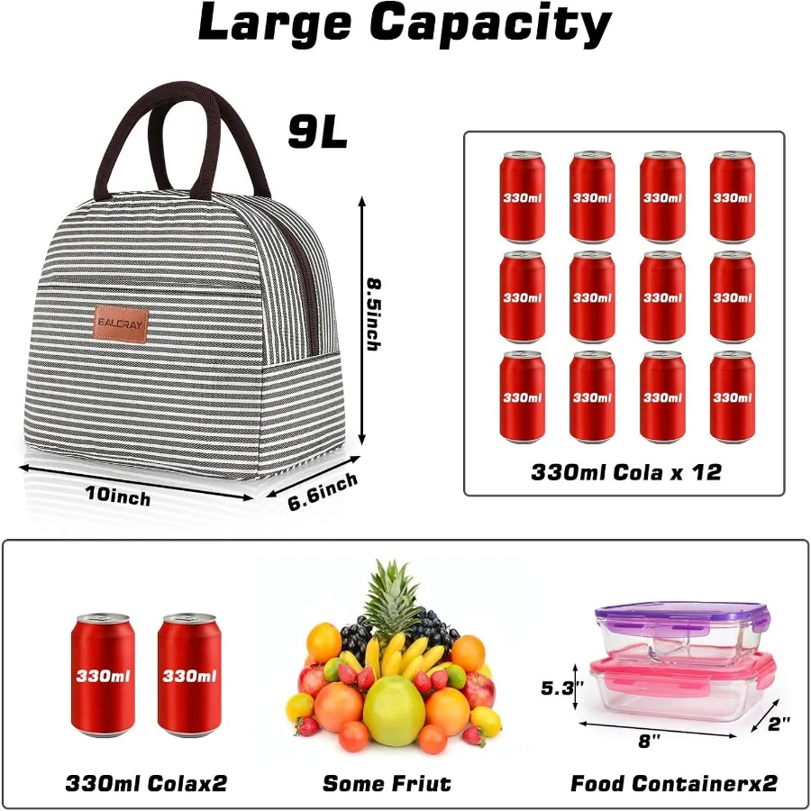 حقيبة غداء للنساء والرجال صندوق غداء معزول للبالغين حقيبة غداء قابلة لإعادة الاستخدام للعمل والنزهة أو السفر بخطوط سوداء وبيضاء #2