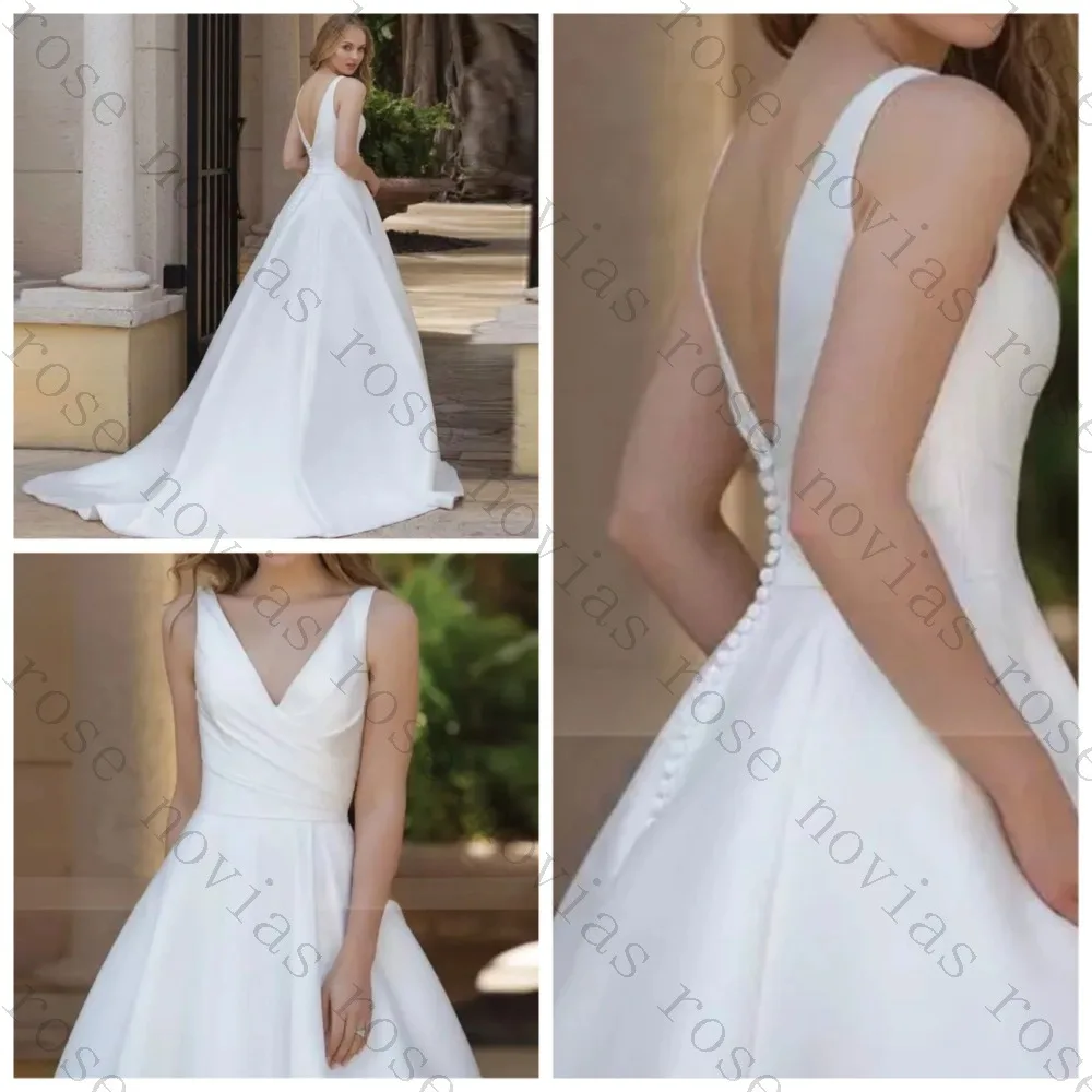 Customization Simple A-Line Satin Wedding Dress V-Neck Button Pleat Sweep Backless Train Bride Gown with Pockets Prom Gown